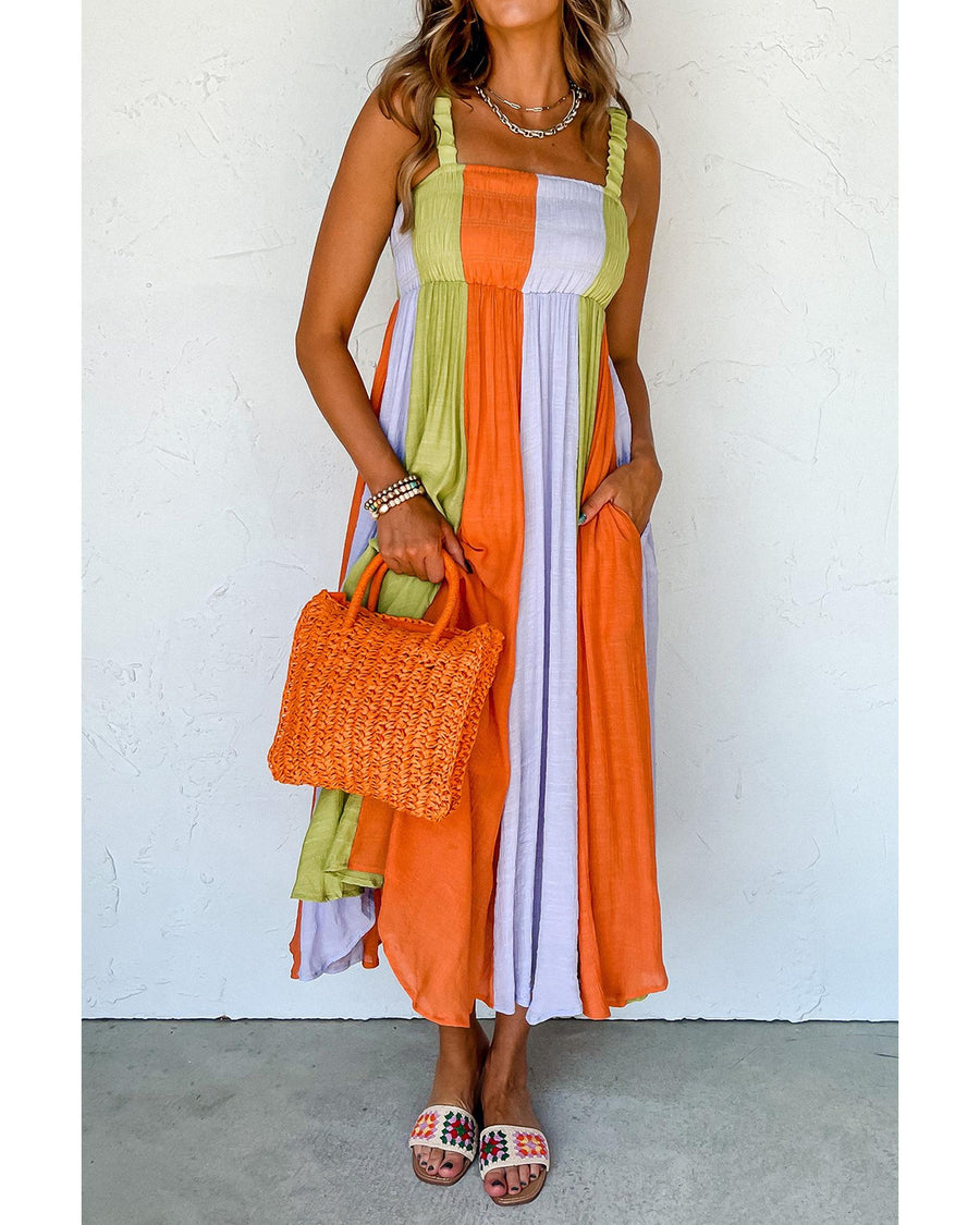 Green Color Block Shirred High Waist Fit and Flare Maxi Dress - S