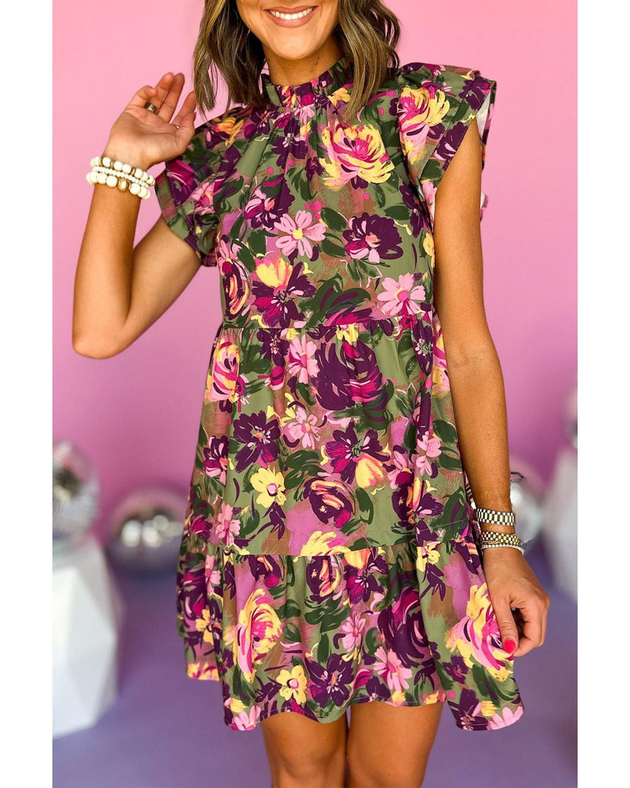 Green Floral Print Ruched Flutter Sleeve Frilled Neck Mini Dress - L