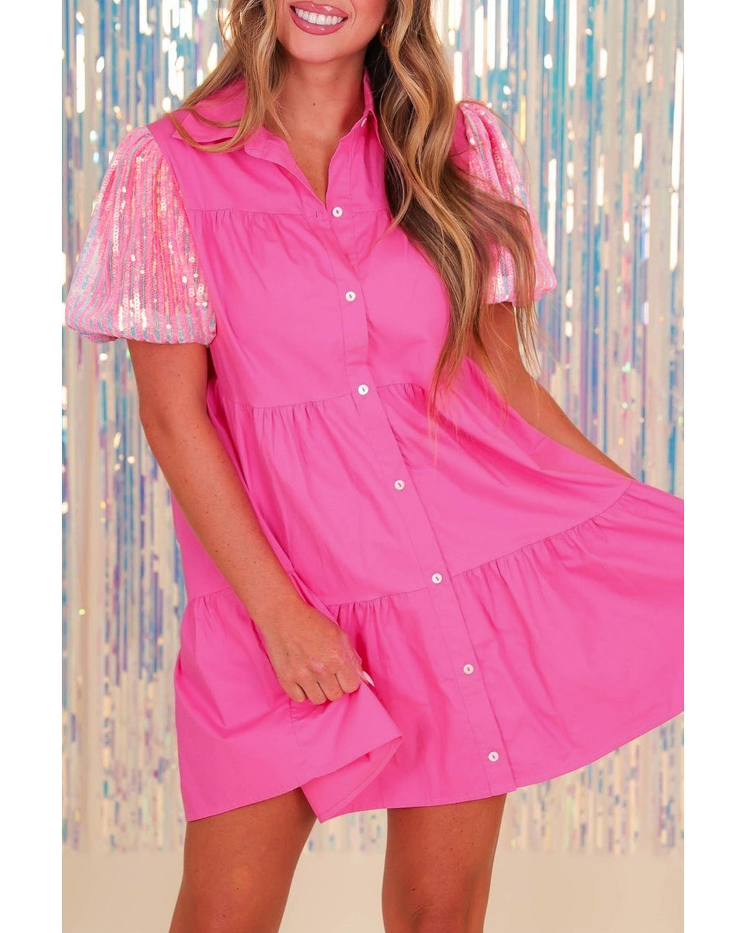 Bonbon Sequined Bubble Sleeve Tiered Ruffled Shirt Dress - S