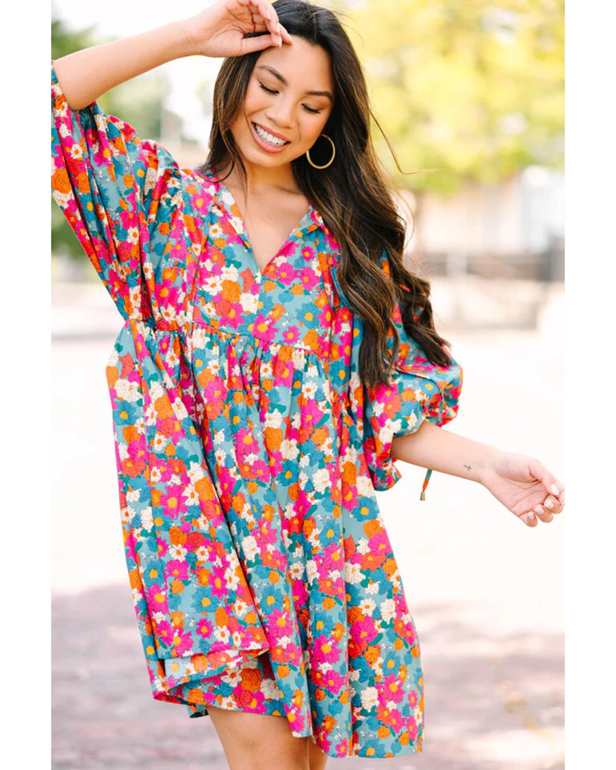 Sky Blue Floral Print Tie Split Neck Bubble Sleeve Babydoll Dress - S