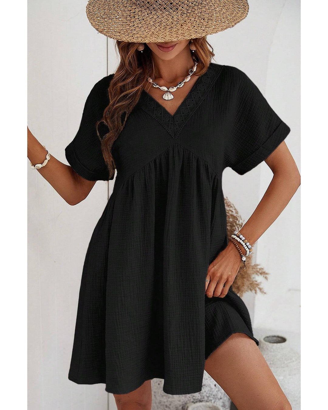 Black Folded Short Sleeve Lace V Neck Mini Dress - S