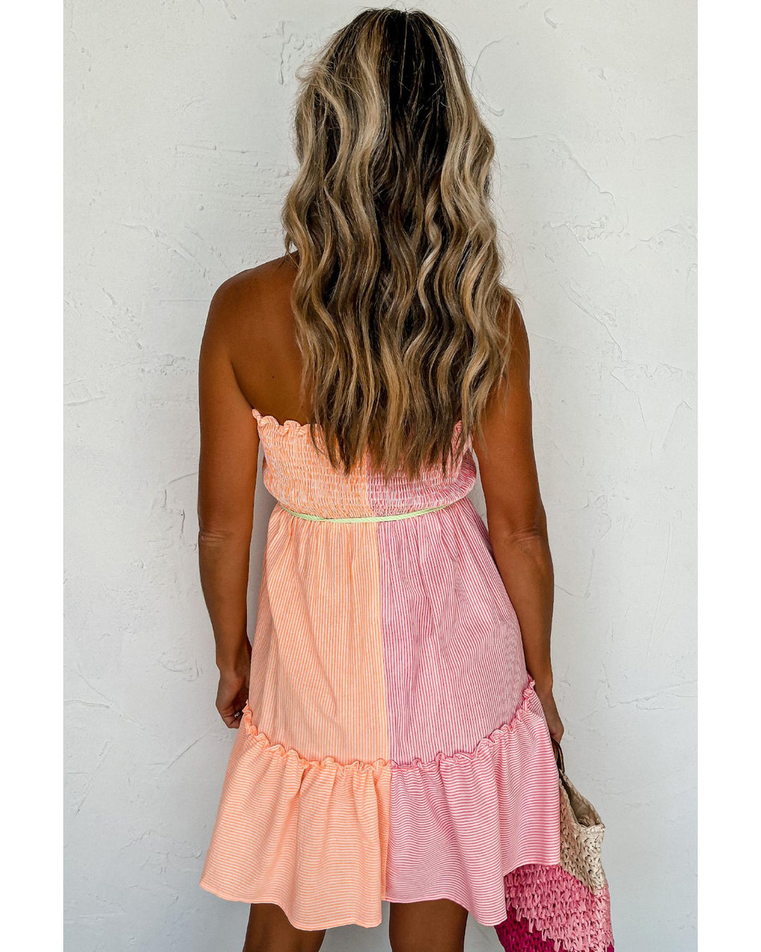 Pink Stripe Color Block Smocked Button Front Frilled Strapless Mini Dress - L