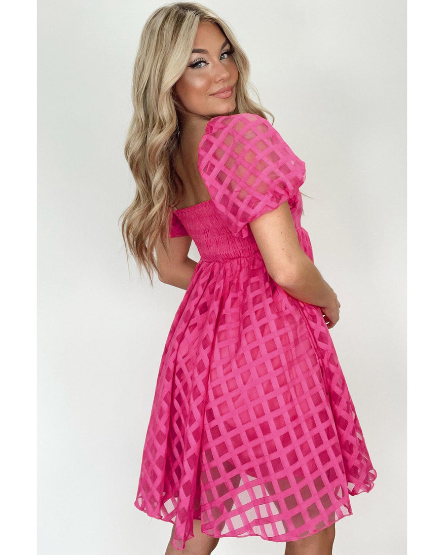 Strawberry Pink Checkered Puff Sleeve Babydoll Dress - L