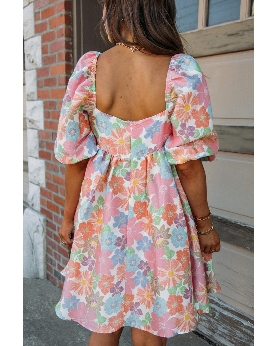 Pink Summer Floral Square Neck Puff Sleeve Babydoll Dress - S