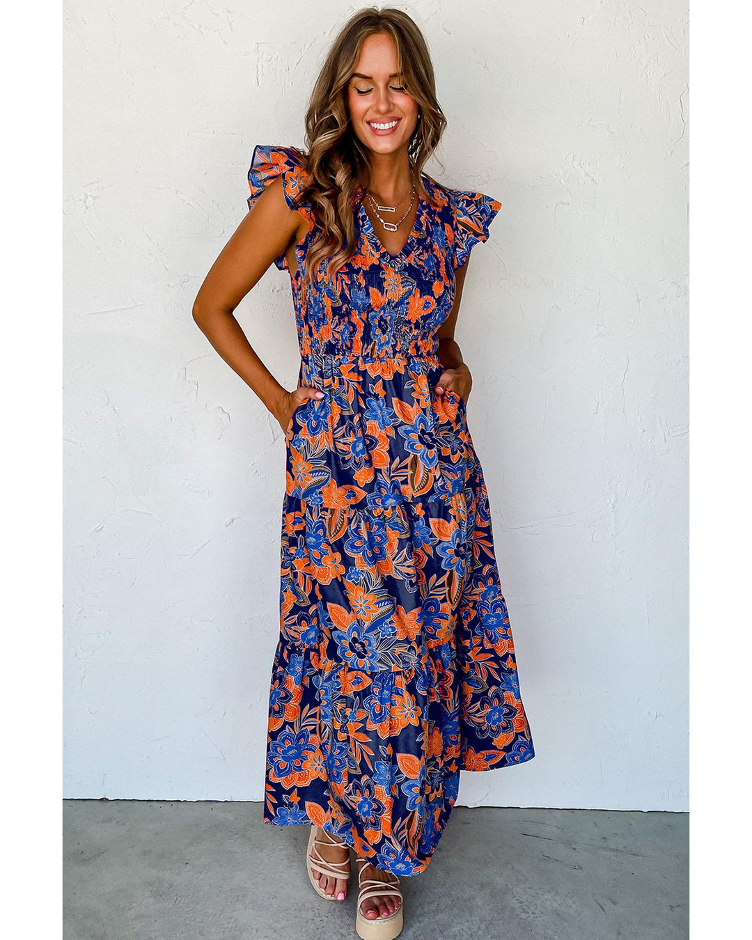 Dark Blue Boho Floral V Neck Ruffle Tiered Long Dress - S