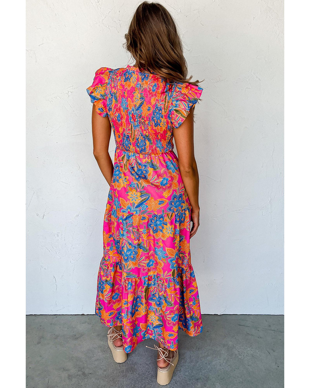 Rose Red Boho Floral V Neck Ruffle Tiered Long Dress - M