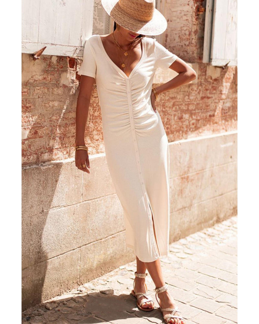 Beige V Neck Ruched Button Front French T-shirt Dress - L