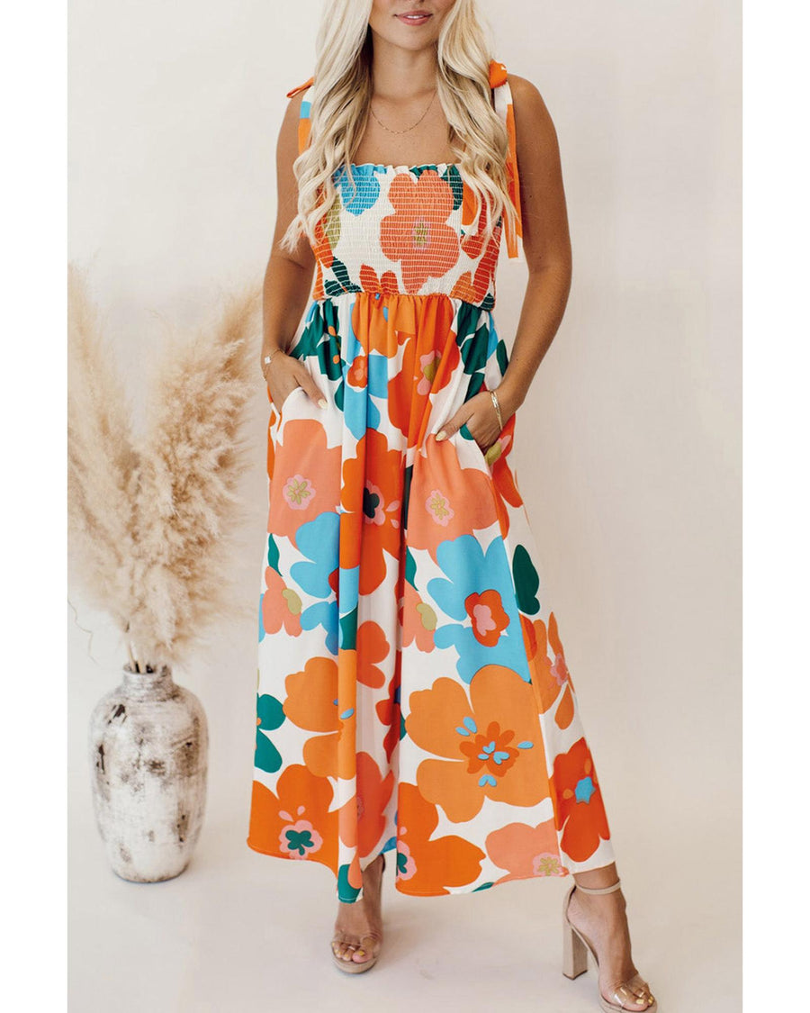 Orange Floral Self Tied Straps Smocked Bust Maxi Dress - L