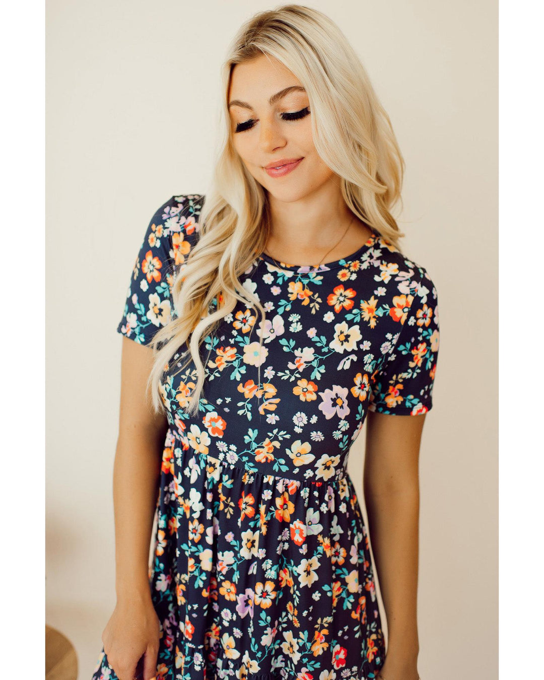 Blue Short Sleeve A-line Floral Dress - XL