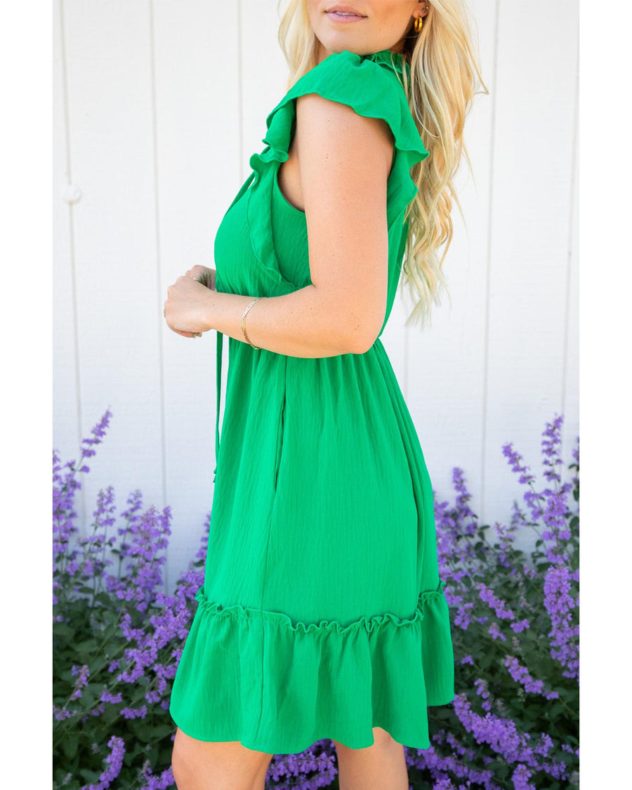 Bright Green Split V Neck Elastic Waist Ruffled Dress - L