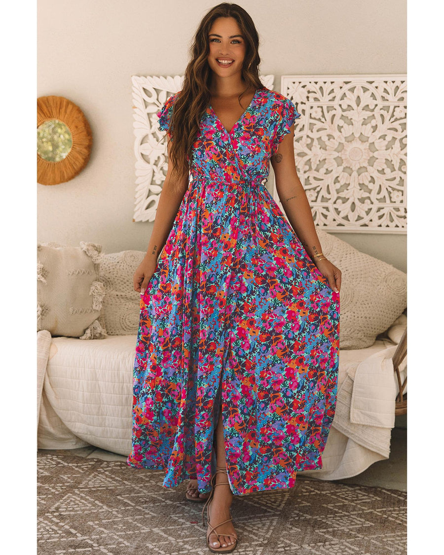 Blue Floral Print V Neck Wrap Split Maxi Dress - L