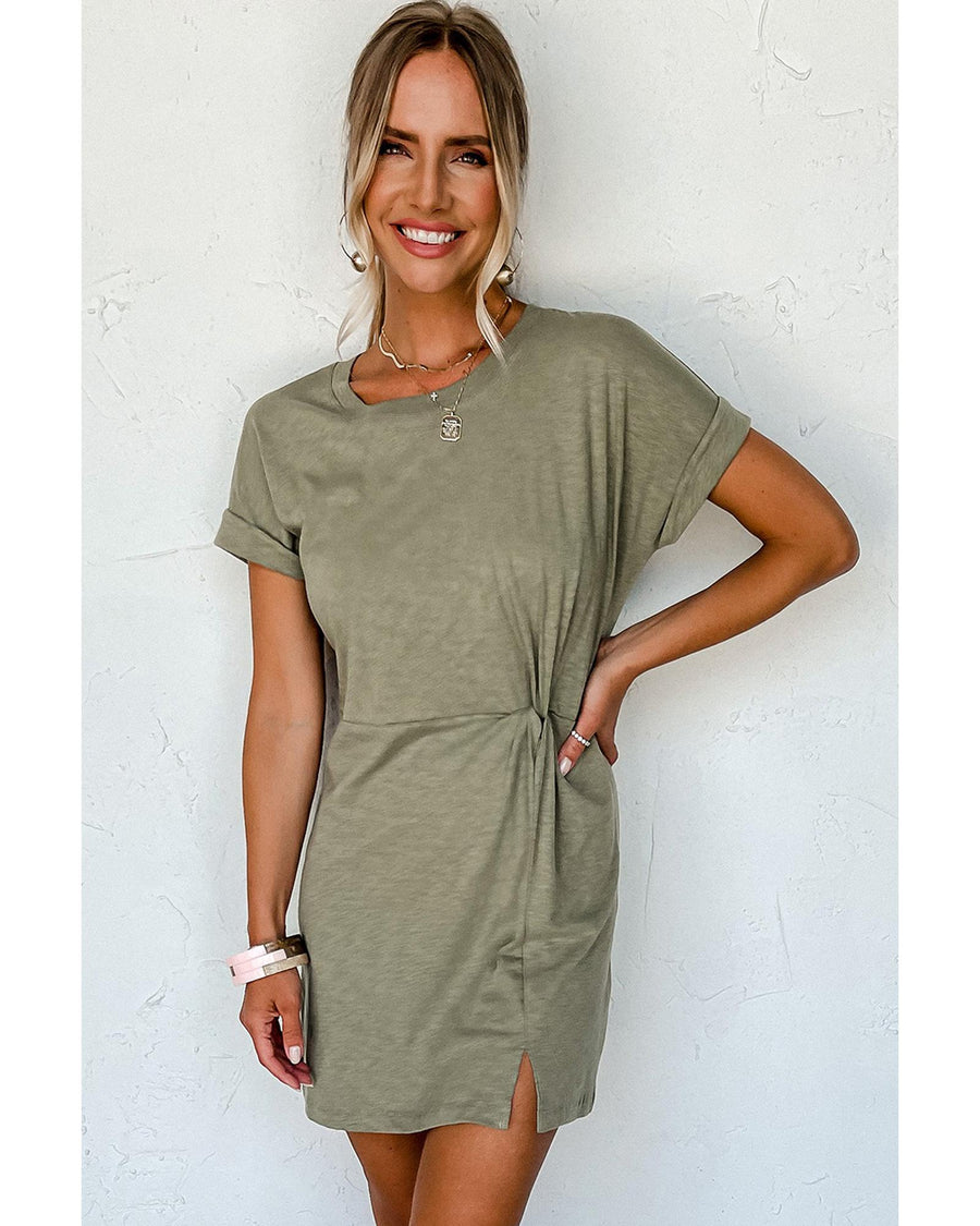 Laurel Green Folded Sleeve Twisted Mini T-Shirt Dress - L