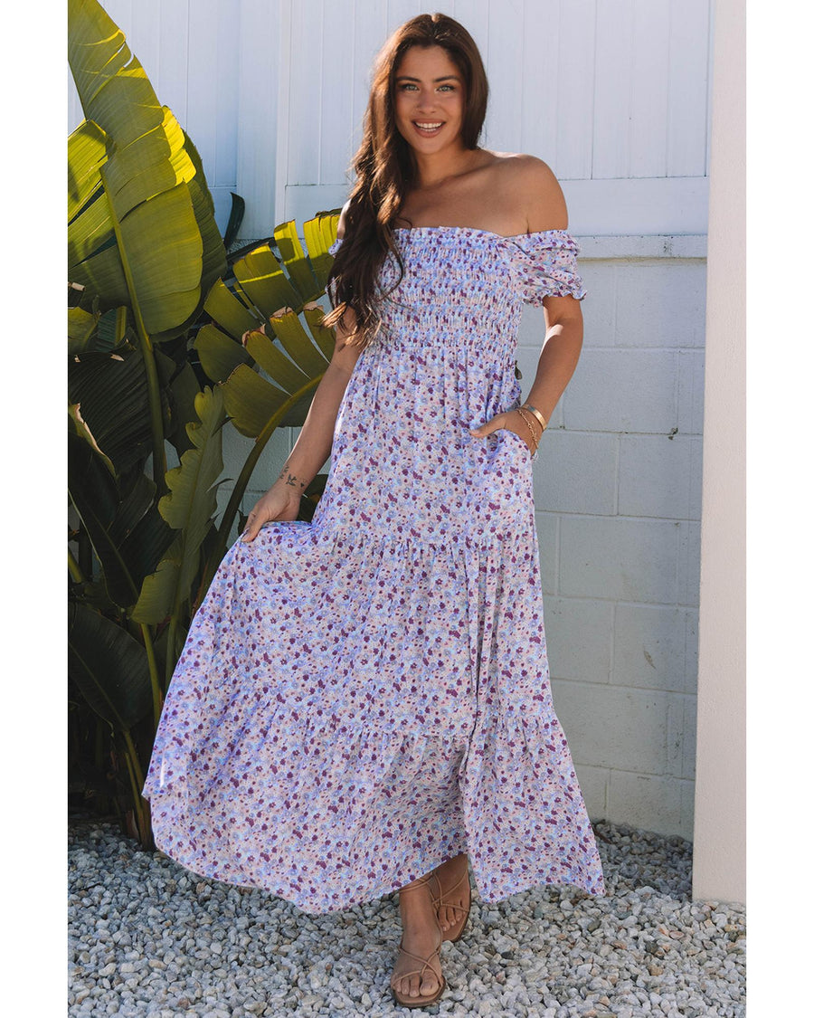 Purple Floral Short Bubble Sleeve Shirred High Waist Maxi Dress - M