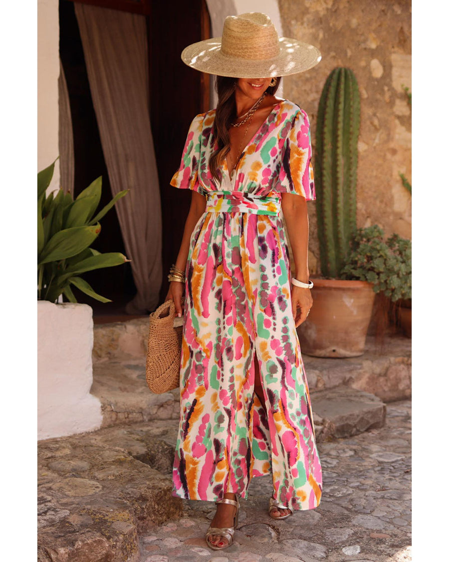 Pink Boho Tie-dye Print V Neck Maxi Dress - S