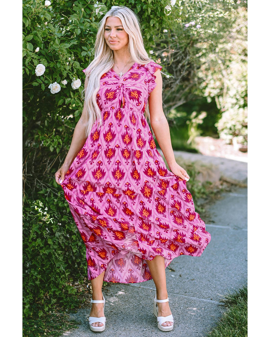 Bonbon Retro Print Twisted Front Ruffled Sleeve Maxi Dress - L