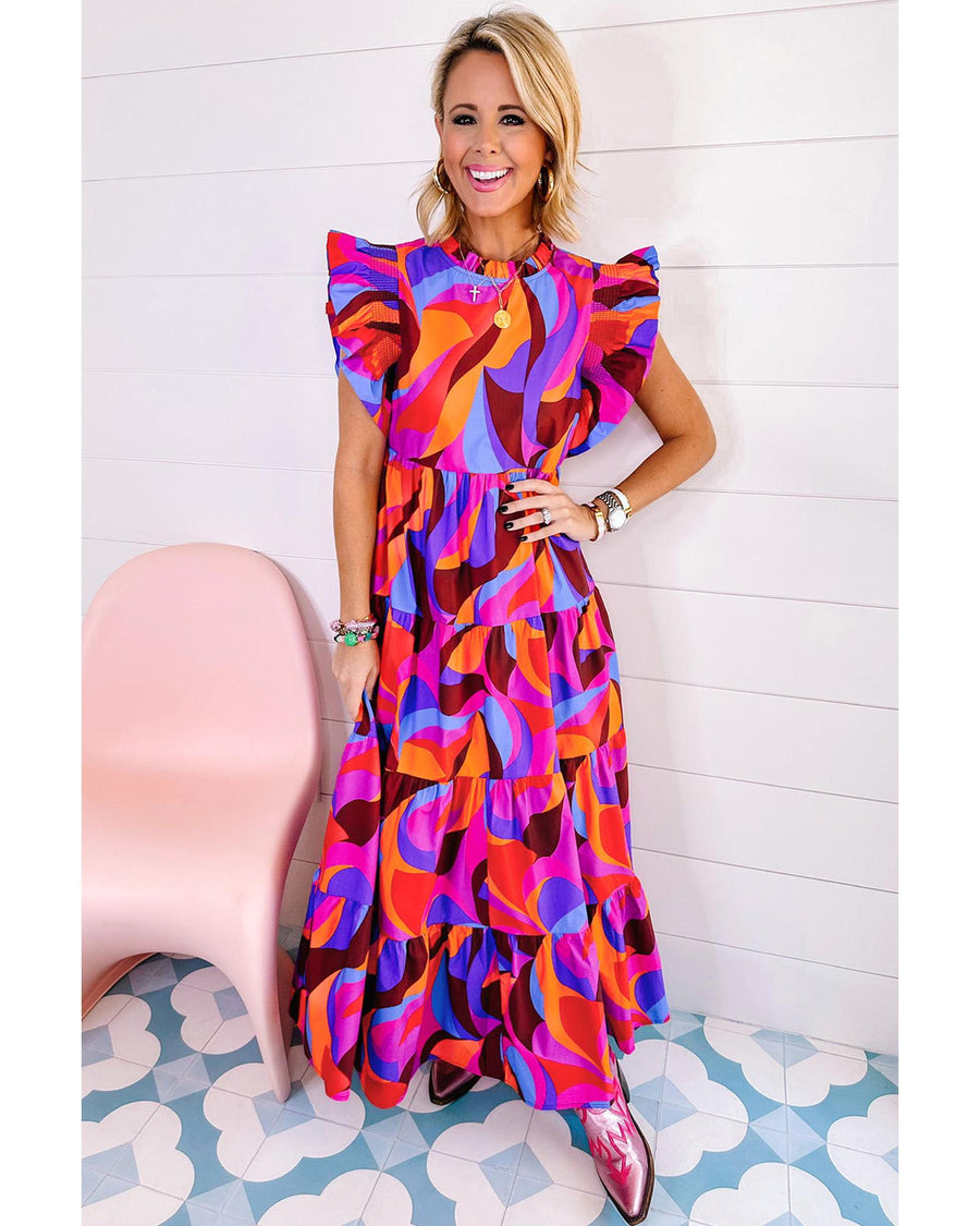 Orange Abstract Printed High Waist Ruffle Tiered Long Dress - L