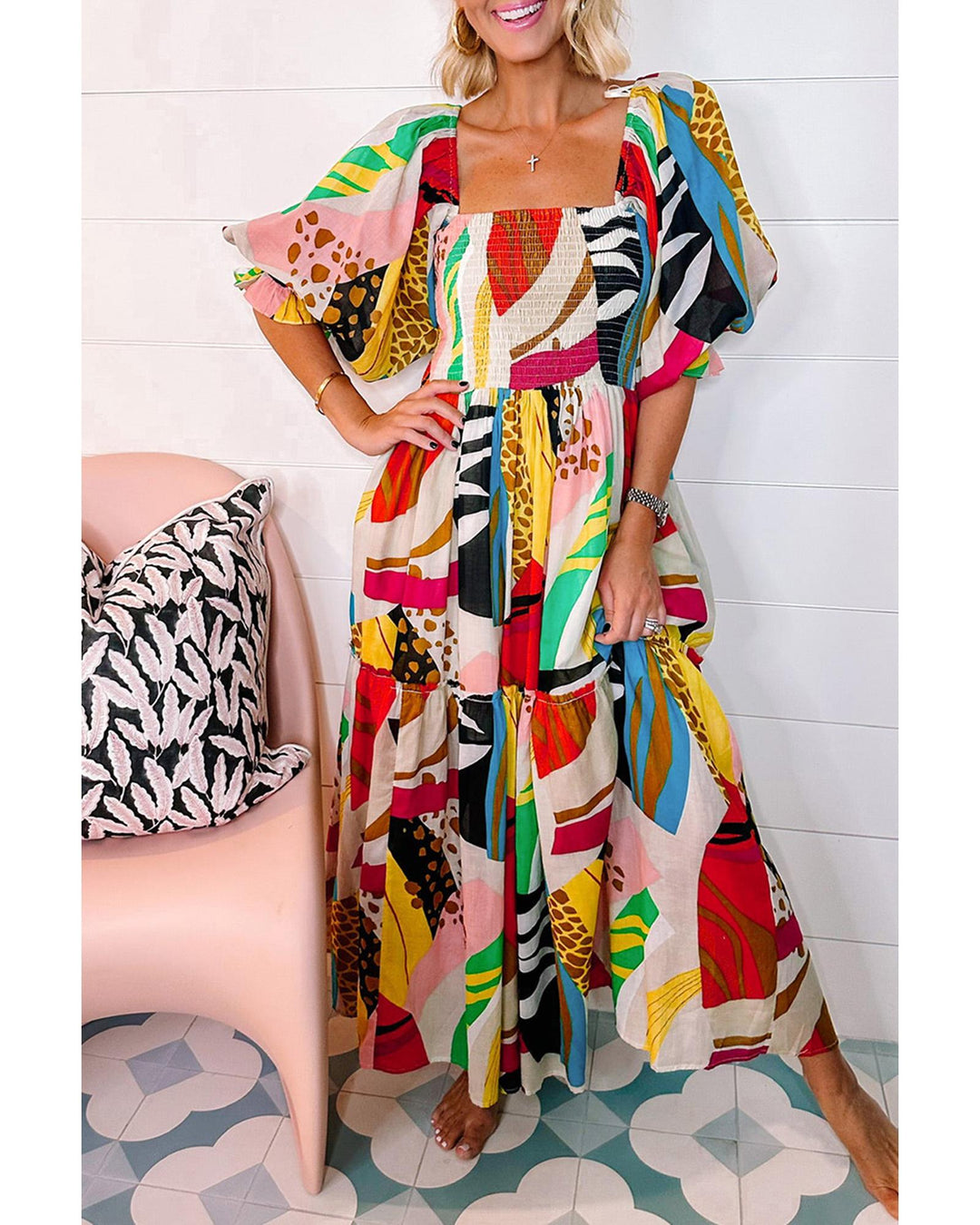 White Square Neck Smocked Abstract Print Boho Maxi Dress - M