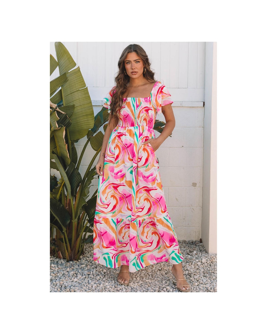 Pink Abstract Print Ruffled Sleeve Smocked Bust Maxi Dress - S