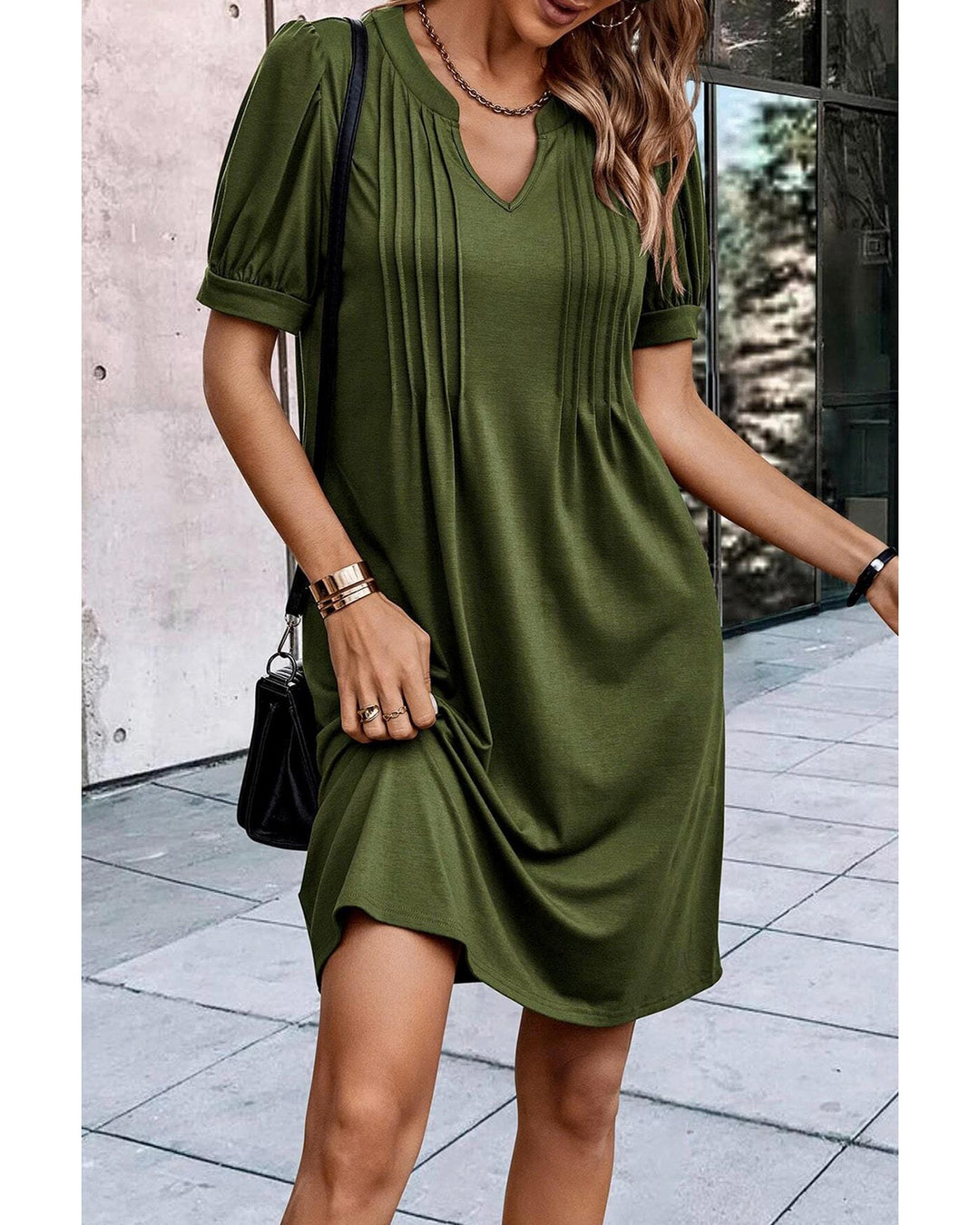 Fern Green Notched Neck Pleated Puff Sleeve Shift T-shirt Dress - S