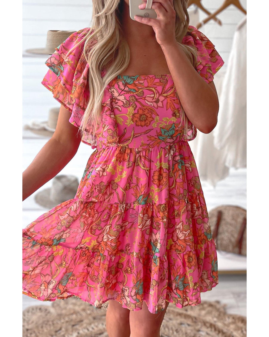 Pink Floral Square Neck Ruffle Sleeve Tiered Dress - M