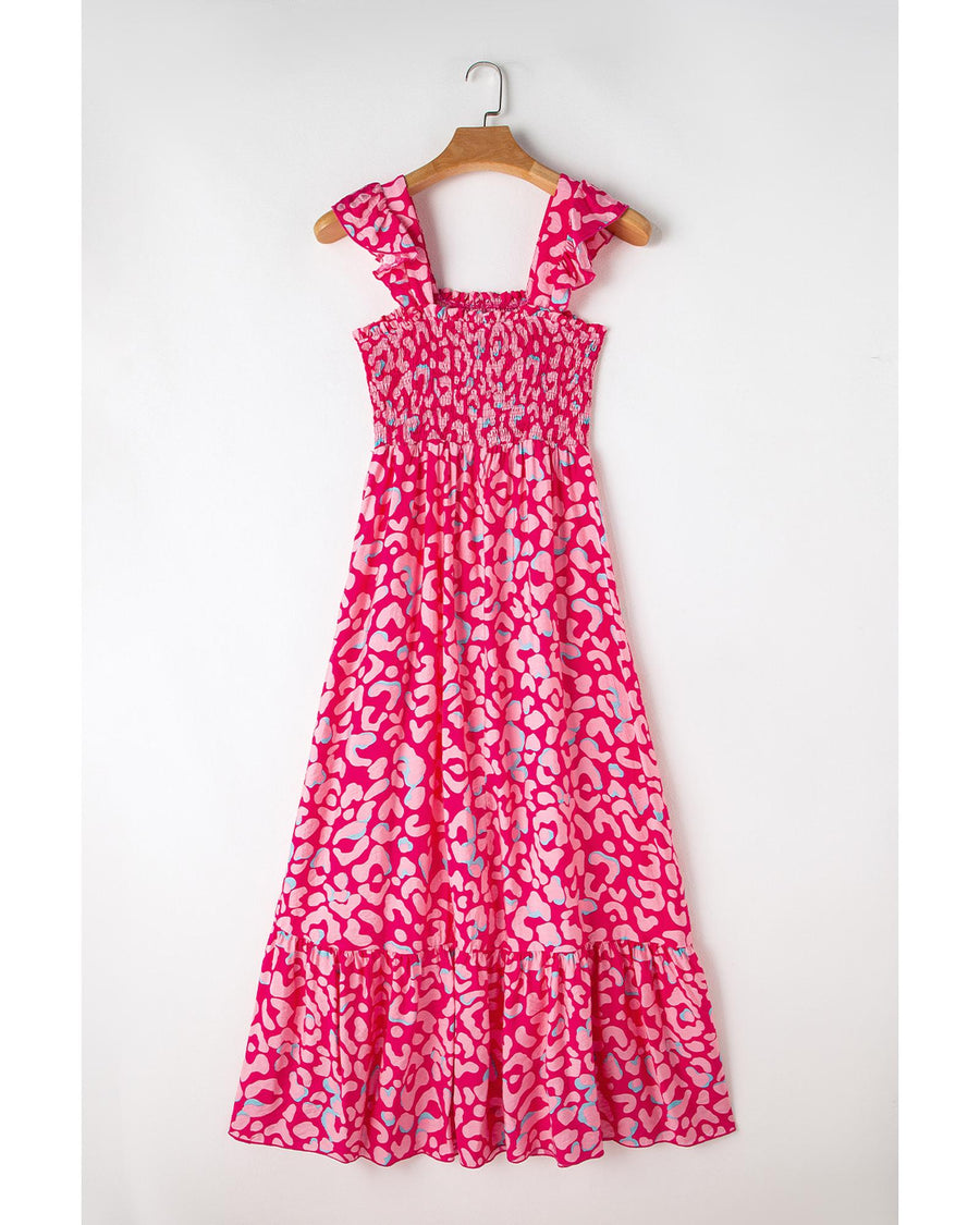 Pink Leopard Ruffle Straps Smocked High Waist Long Dress - M