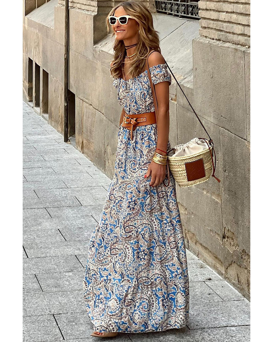 Blue Boho Paisley Print Off Shoulder Maxi Dress - S