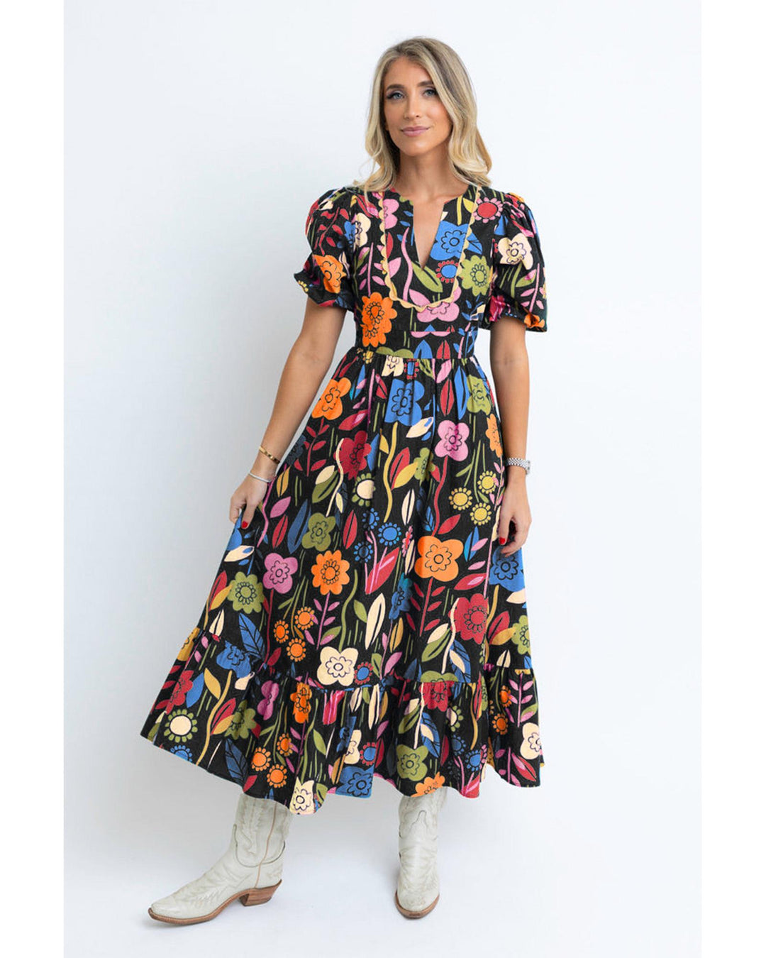 Black Retro Floral Printed Split Neck Maxi Dress - M