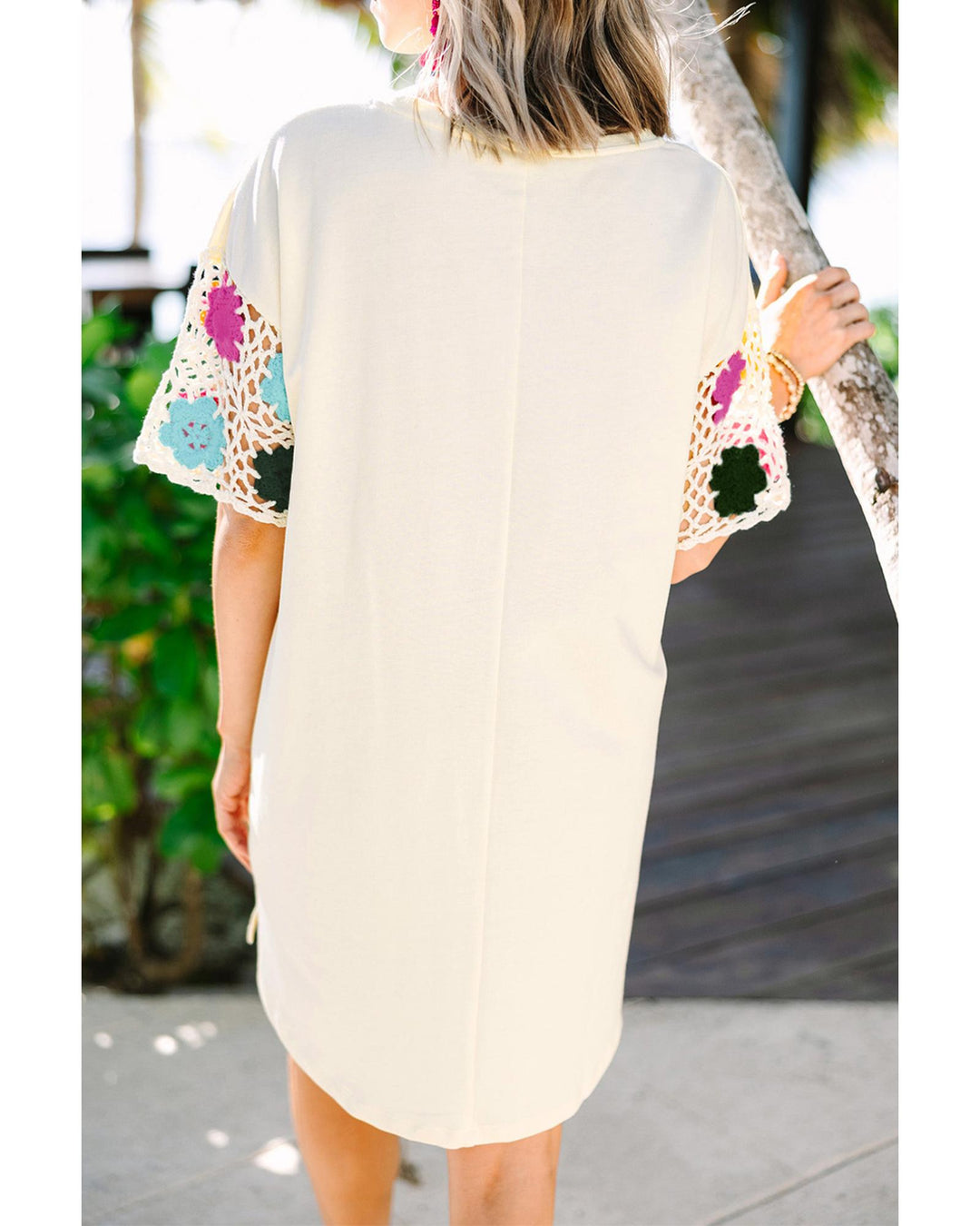 White Floral Crochet Splicing Sleeve T Shirt Dress - L
