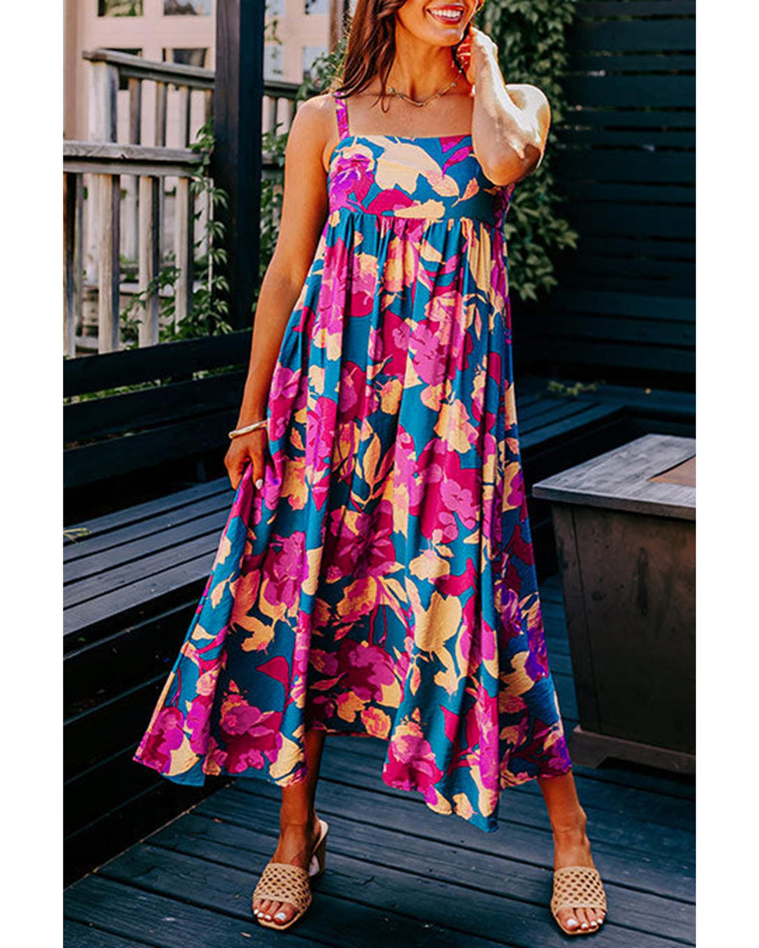 Dark Blue Floral High Waist Sleeveless Flared Long Dress - M