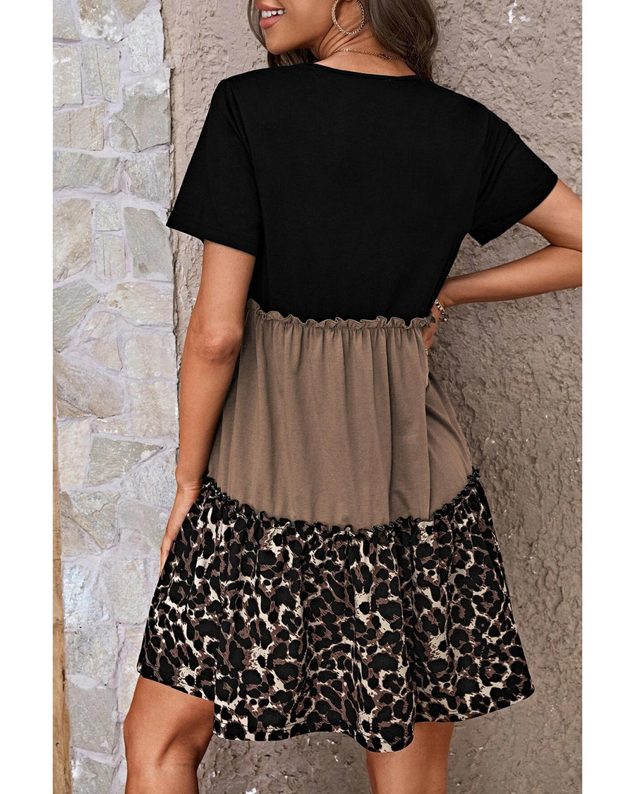 Light French Beige Leopard Print Colorblock Frill Trim T-shirt Dress - S