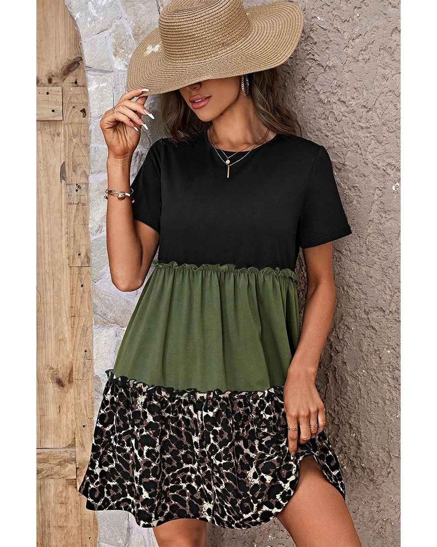 Jungle Green Leopard Print Colorblock Frill Trim T-shirt Dress - M