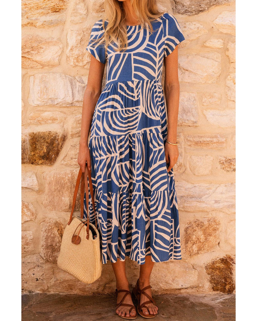 Sky Blue Boho Printed Short Sleeve Flare Tiered Dress - M