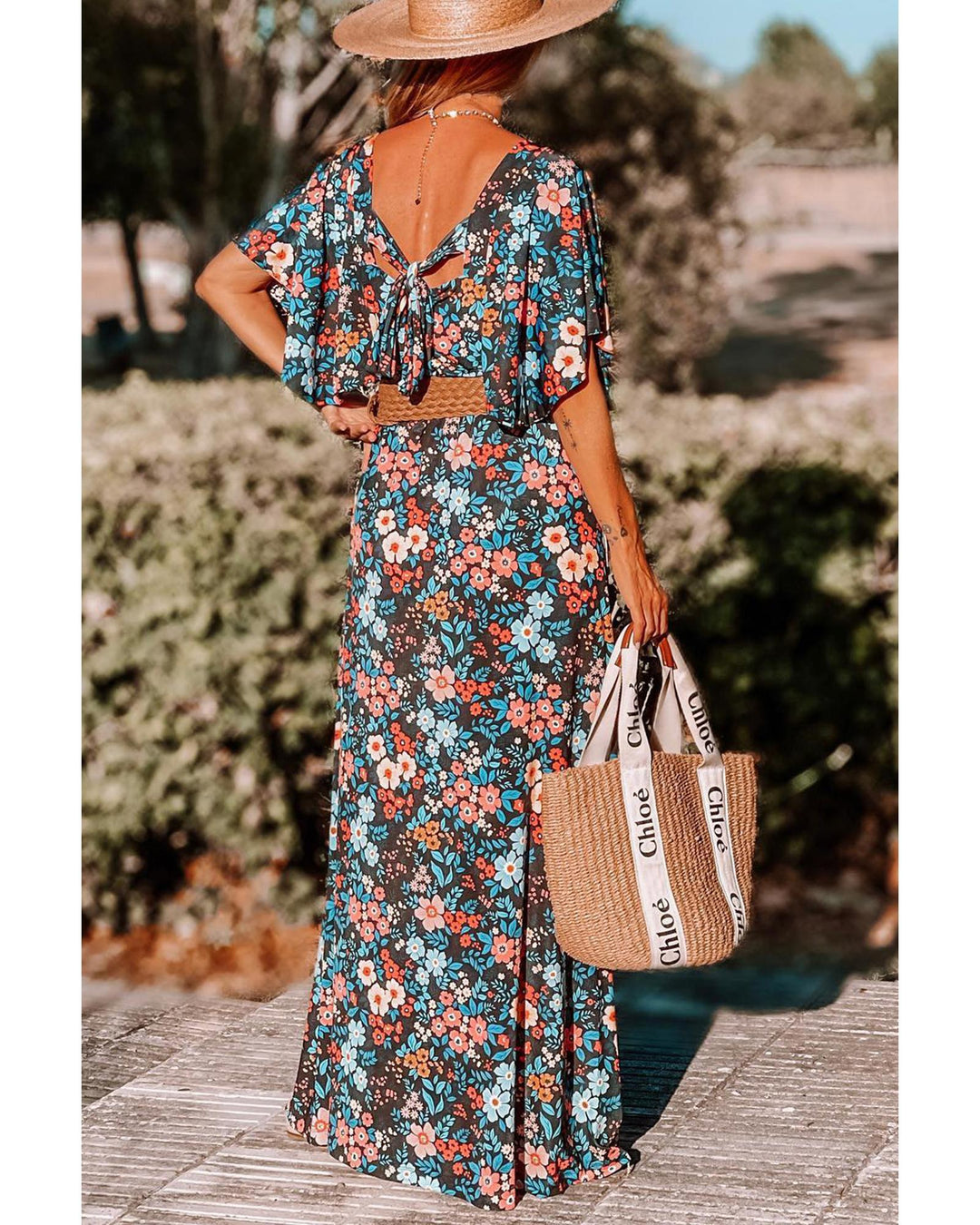 Sky Blue Floral Knotted Back Square Neck Maxi Dress - S