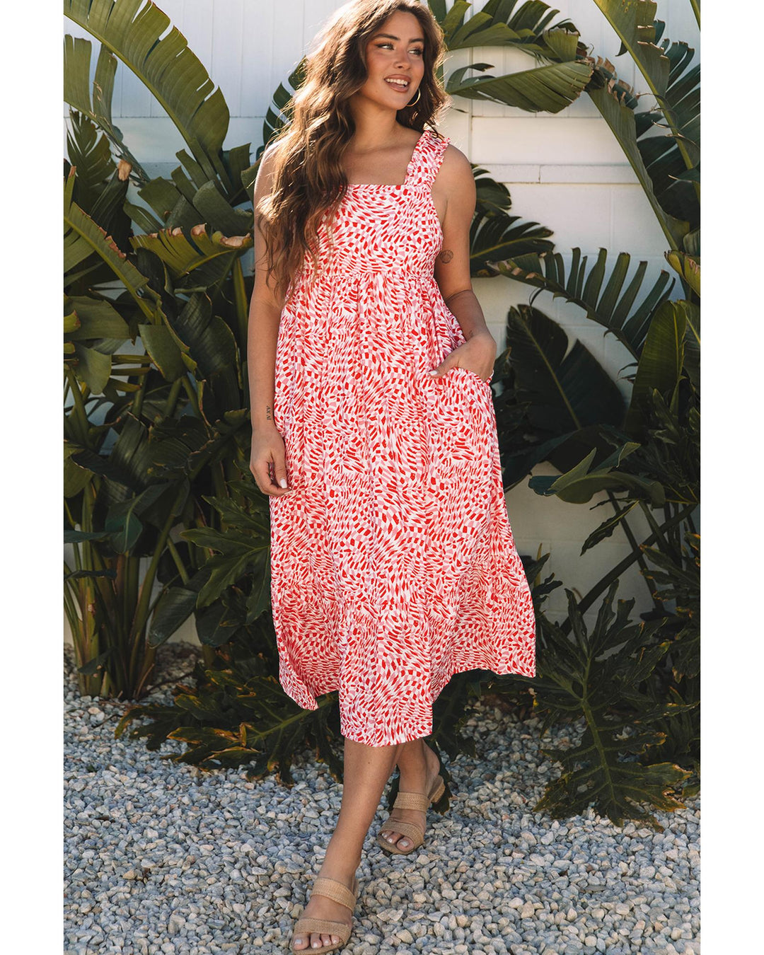 Pink Geometric Print Knot Back Sleeveless Ruffle Hem Dress - L