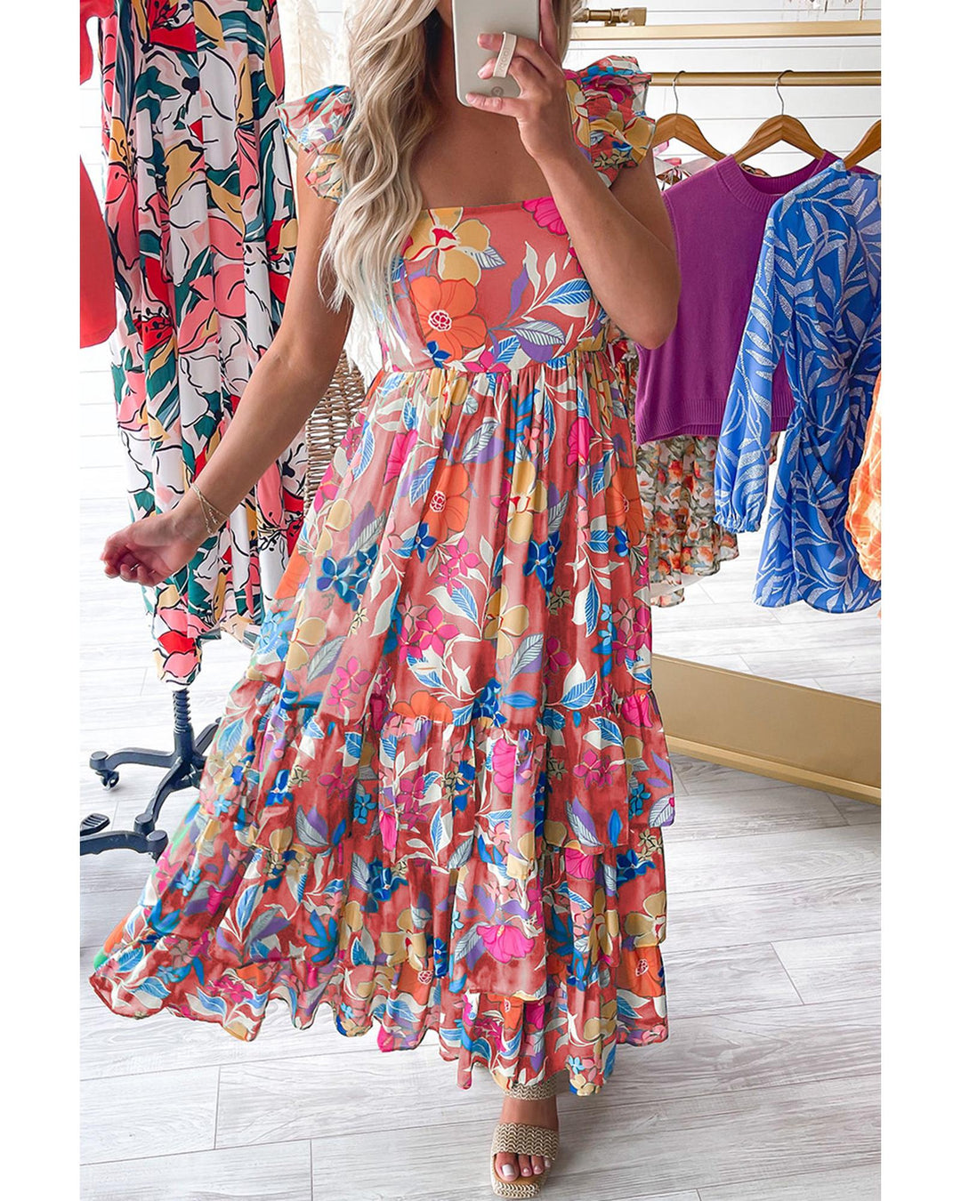 Pink Floral Print Sleeveless Ruffle Tiered Maxi Dress - XL