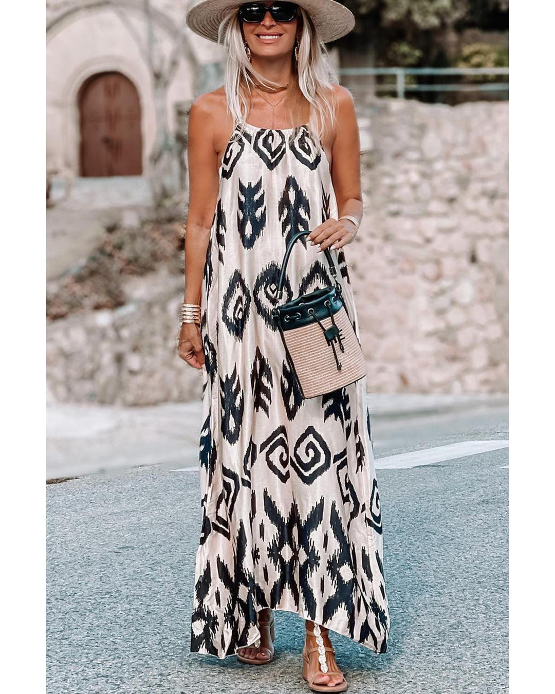 Black Western  Aztec Printed Fashion Vacation Sundress - M