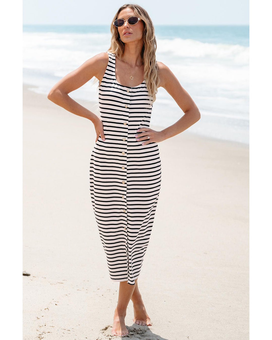 White Striped Print Sleeveless Buttoned Maxi Dress - S