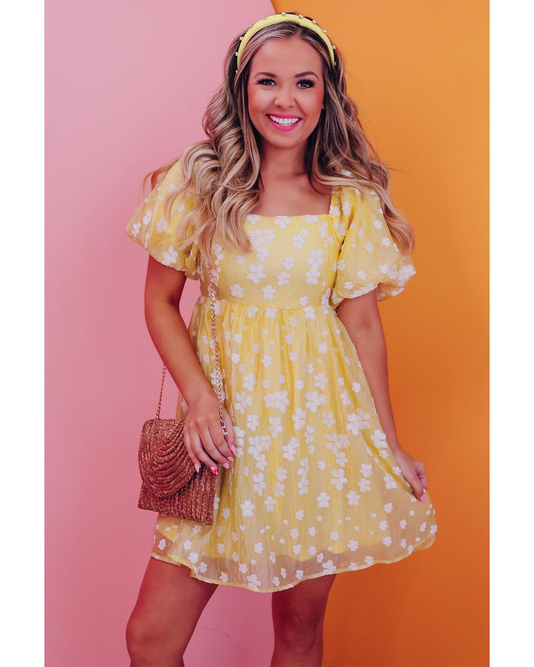 Yellow Boho Flower Jacquard Puff Sleeve Square Neck Mini Dress - L