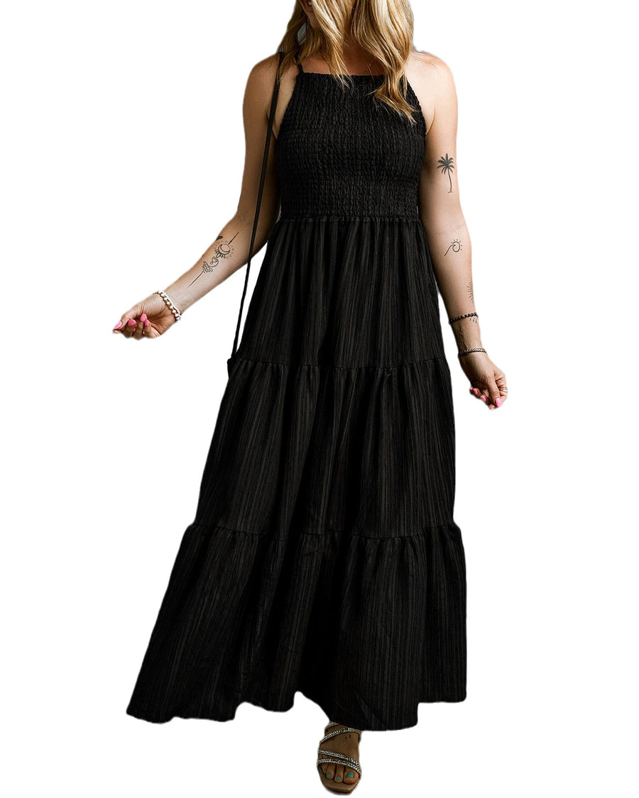 Black Spaghetti Straps Smocked Pleated Tiered Maxi Dress - S