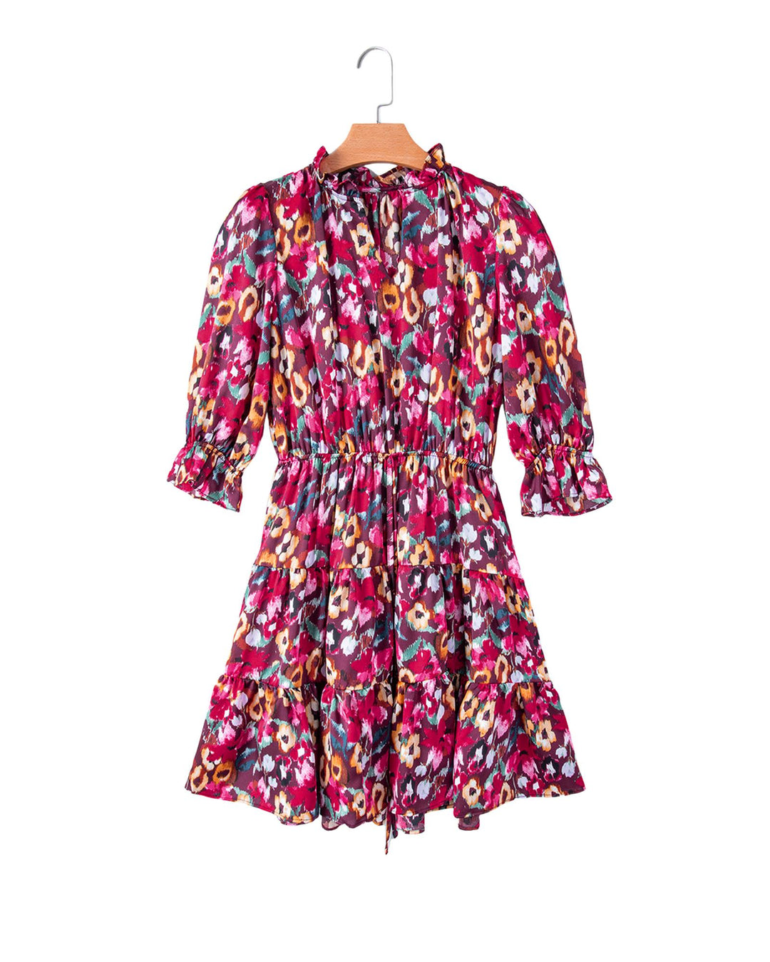 Rose Red Floral Print Tiered Ruffled Half Sleeve V Neck Dress - M