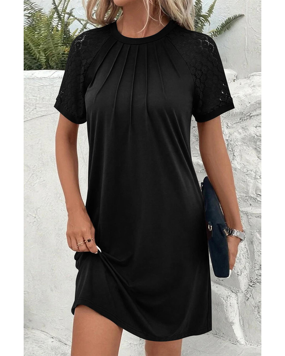 Black Contrast Lace Raglan Sleeve Pleated Detail Shift Dress - XL