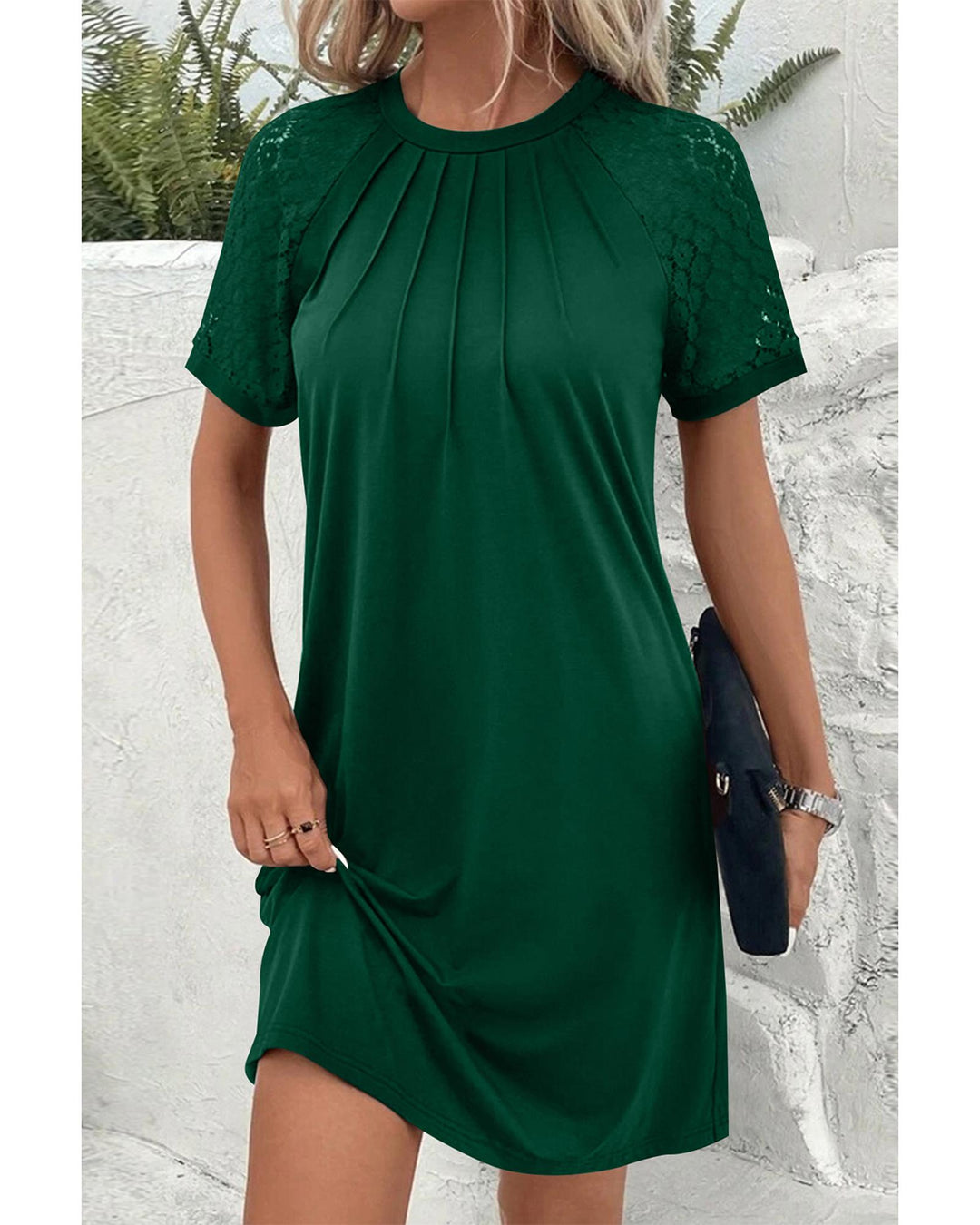 Green Contrast Lace Raglan Sleeve Pleated Detail Shift Dress - 2XL