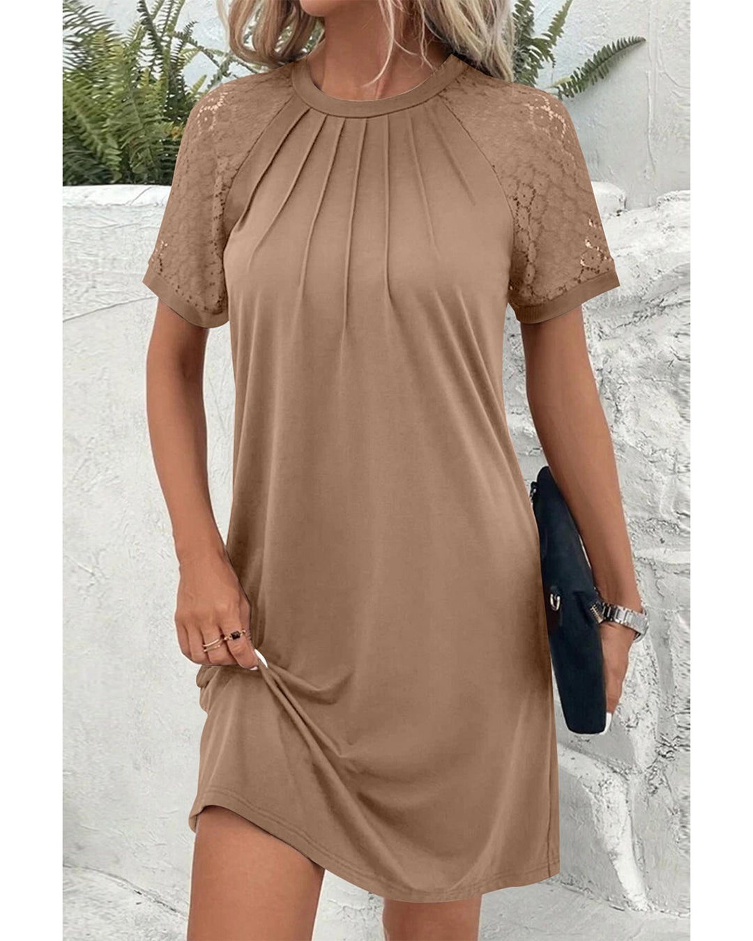Light French Beige Contrast Lace Raglan Sleeve Pleated Detail Shift Dress - M
