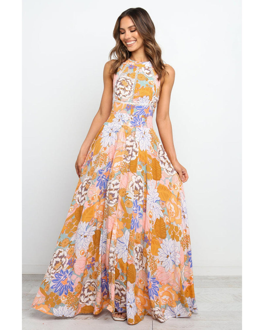 Orange Boho Floral Backless Lace up Sleeveless Maxi Dress - XL