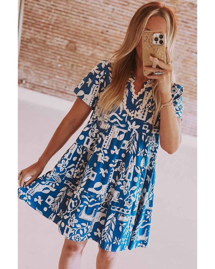 Blue Ricrac Trim Split Neck Floral Loose Dress - S