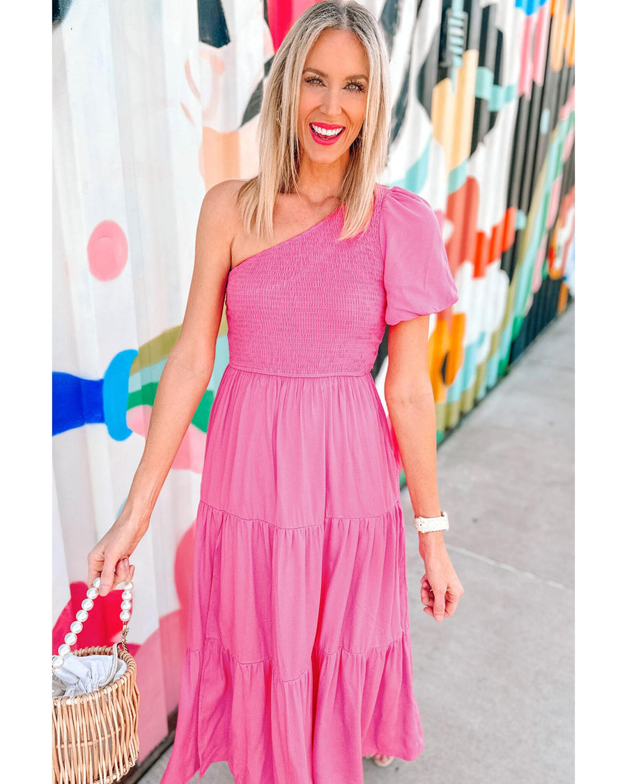 Strawberry Pink Asymmetric Puff Sleeve Smocked Bodice Tiered Midi Dress - L
