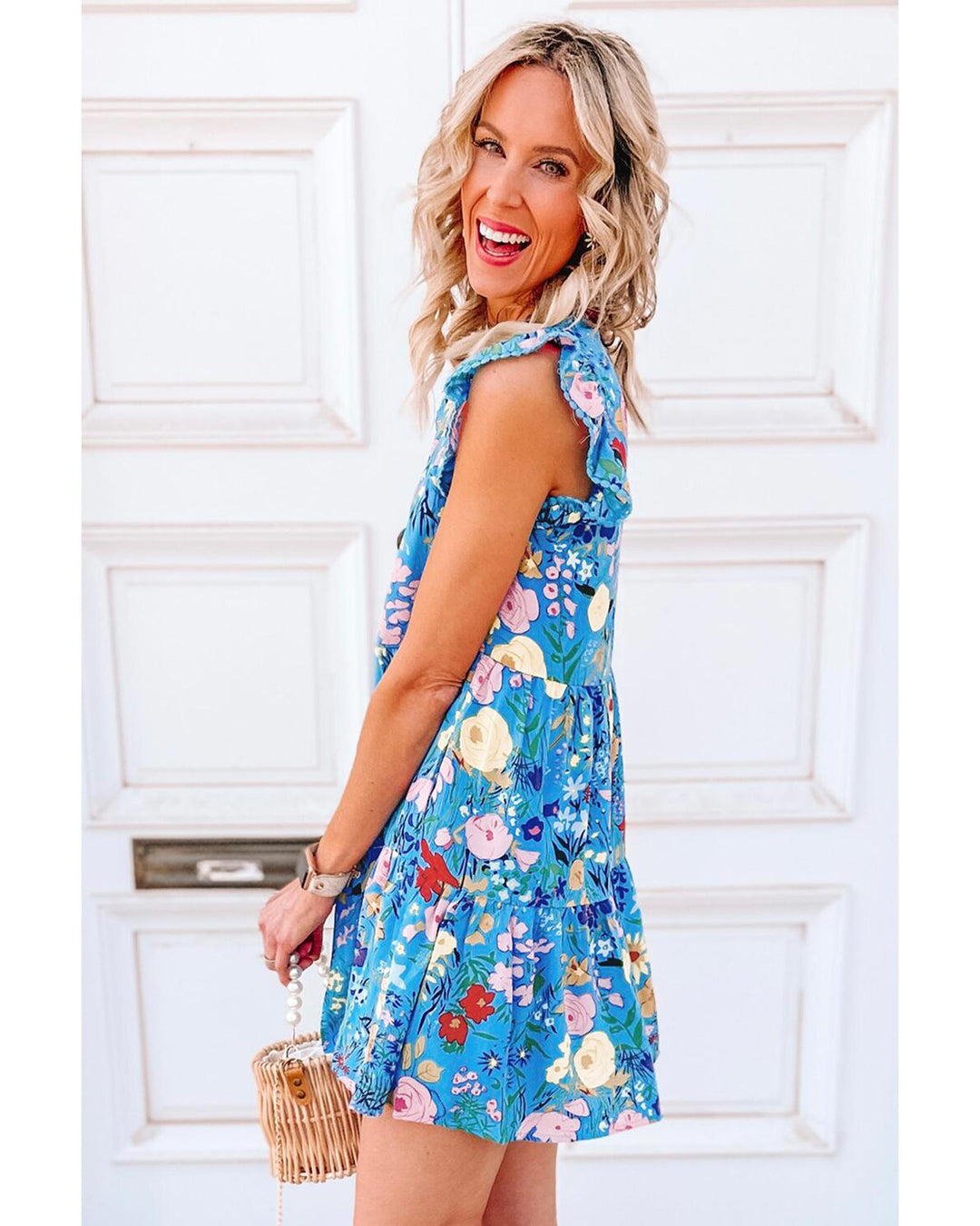 Sky Blue Floral Flutter Sleeve V Neck Ruffled Dress - XL