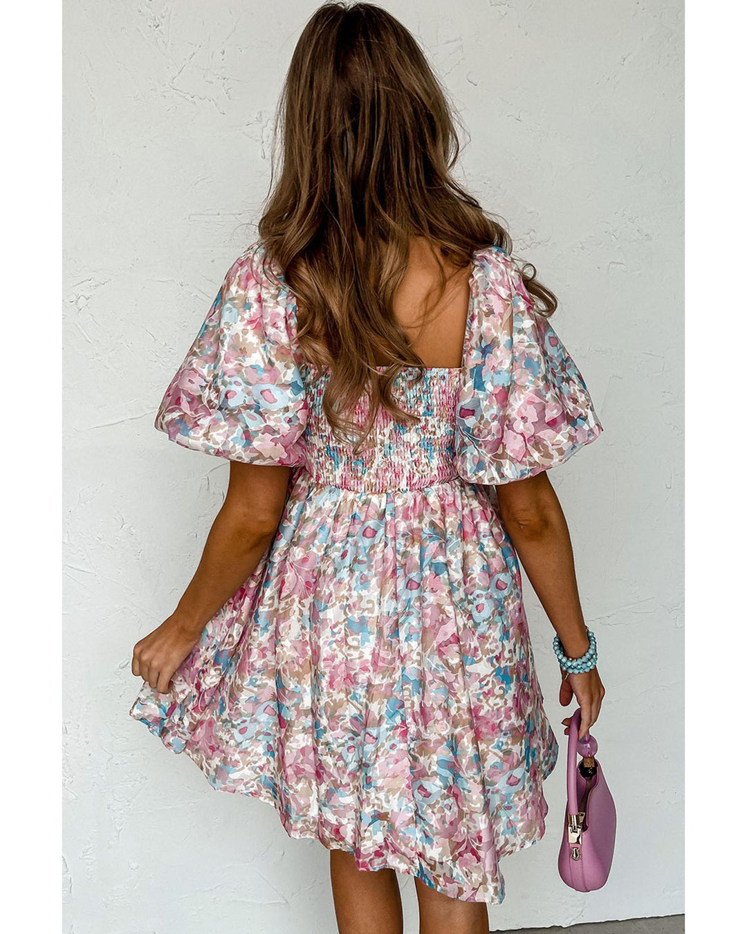 Pink Floral Puff Sleeve Square Neck Smock Ruffled Dress - L