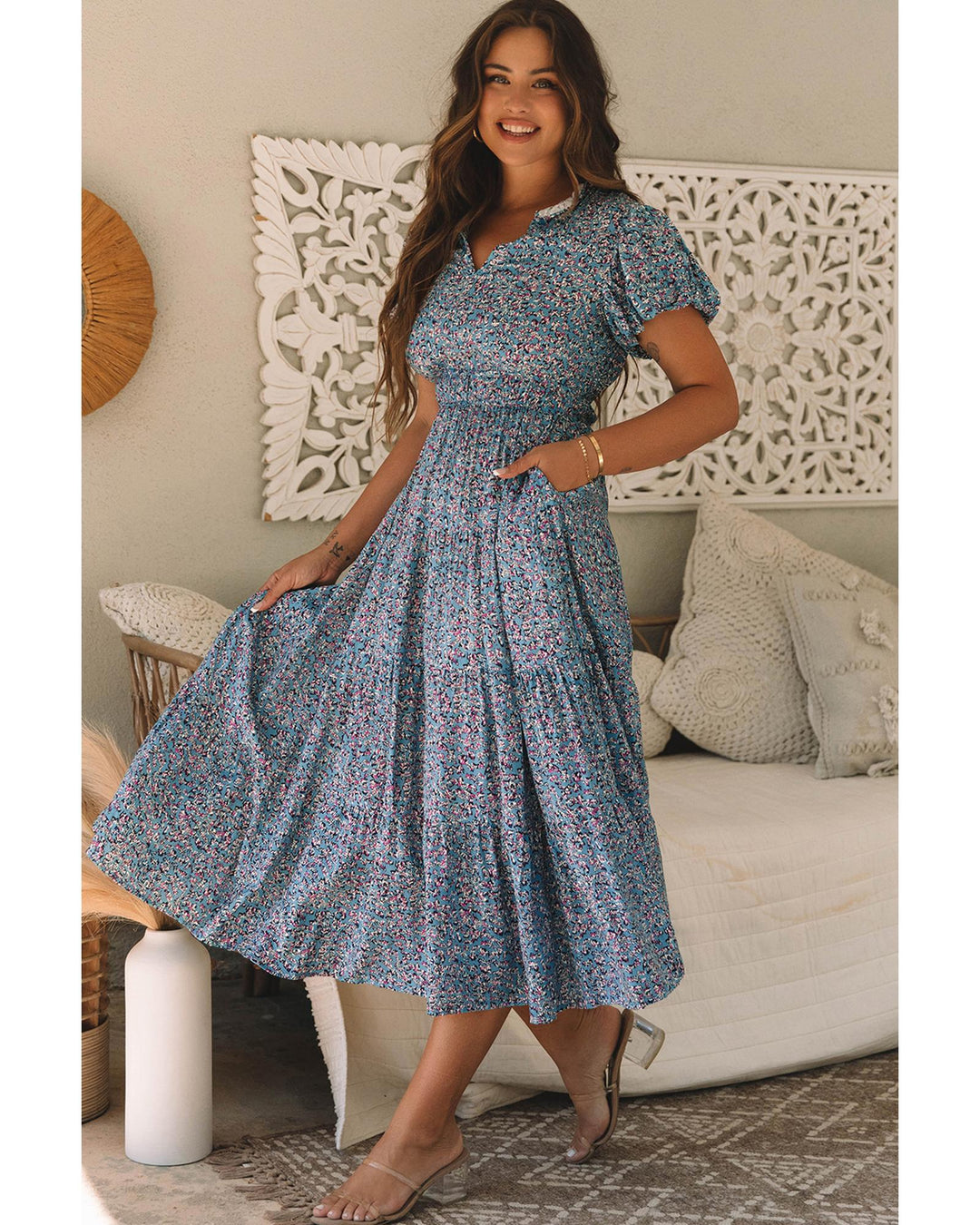 Blue Printed V Neck Shirred Short Puff Sleeve Maxi Dress - S
