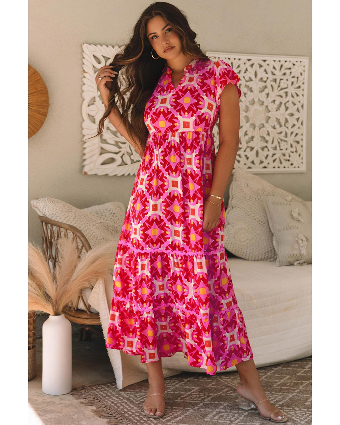 Strawberry Pink Geo Print V-neck Maxi Dress - M